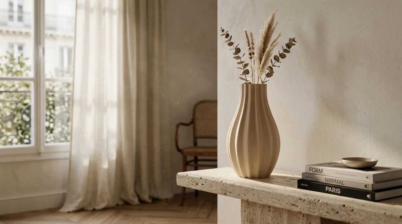 Vase cannelé imprimé en 3D sur une console en travertin