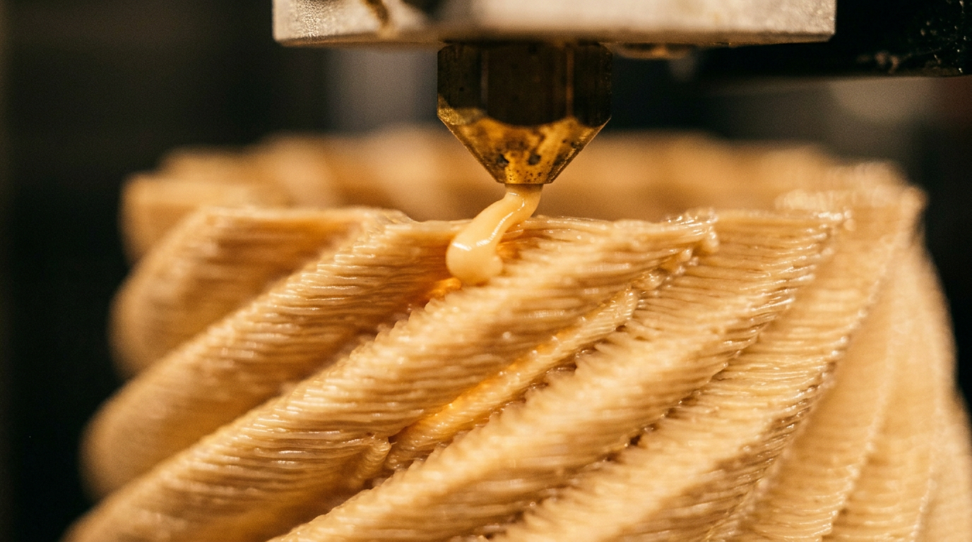 Buse d'imprimante 3D déposant du PLA beige couche après couche